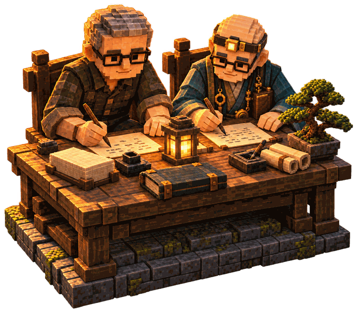 The gardener and Hissai side by side at a wooden desk, both writing by the light of a small lantern, a bonsai at the desk's end.