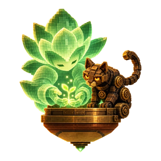 Baisai as a lotus of green light, cupping a small sprout, Fuji-shin on the bronze top beside it.