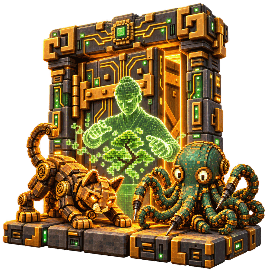The builders’ door, of graphite and bronze circuits lit with green, open, with Baisai as a figure of green light at its heart and Fuji-shin and Shō-shin at its threshold.