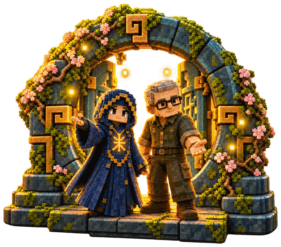 The dreamers’ moon gate, with Triu and the gardener standing in it.