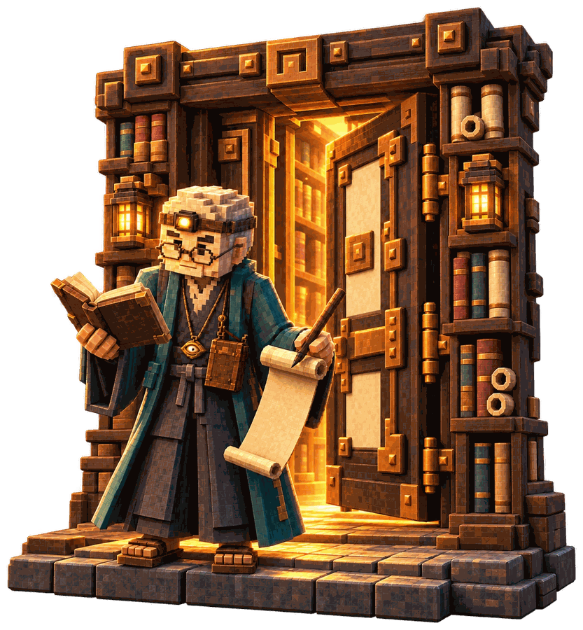 The lore's door, a library of books and scrolls open on warm light, with Hissai before it.