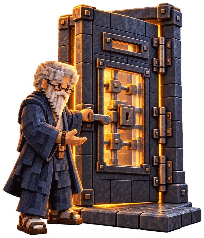 The skeptics’ door, its lock behind glass, with Zensai at the latch, his other hand presenting the lock.