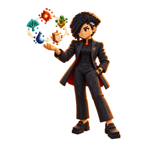 Tasai in voxels, the five elements of the compass circling above her open hand.