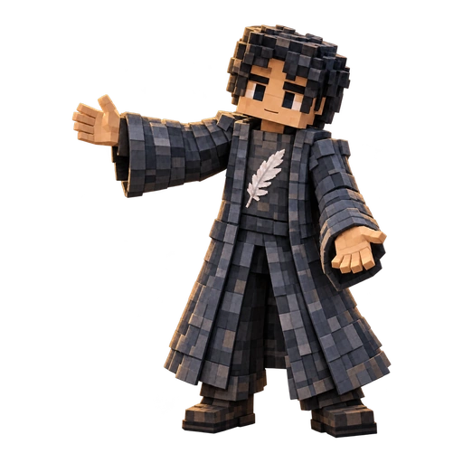 U-shin in voxels, one arm held out toward an open doorway: after you.