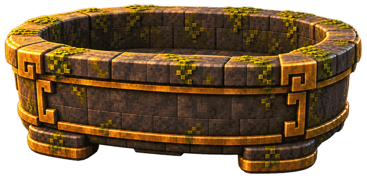 A rounded stone bonsai pot on squat feet, its corners bound in amber bronze, moss in its joints.