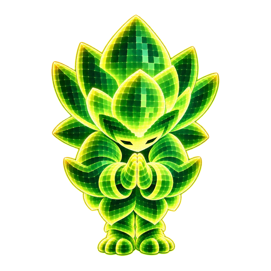 Bonsai-shin, a small spirit of leaves and green light, its hands together in a namaste.