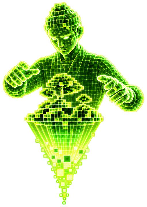 A figure made of green light, a small bonsai held between its hands, tapering into a beam.