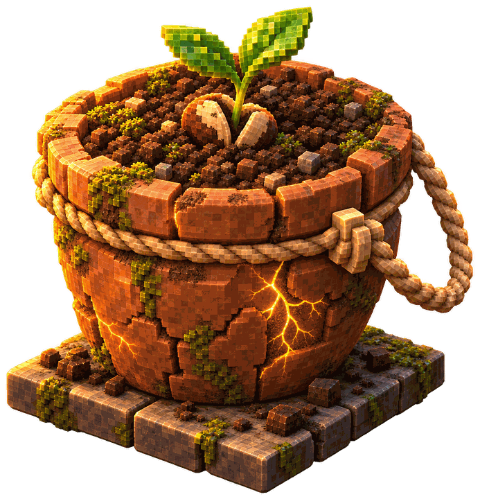 A plain clay nursery pot with a twine loop, living soil and one sprouting seed.