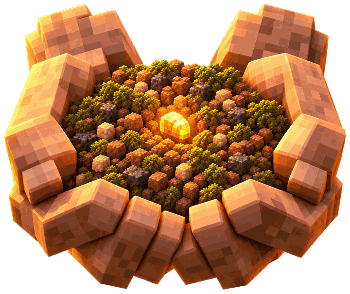 Two cupped hands holding a bed of voxel soil, moss and stones, a small amber seed glowing at its centre.