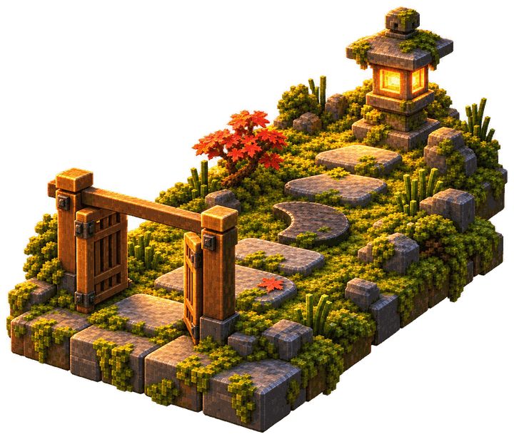 An open gate and stepping stones through moss, a half-moon stone where the path turns, and a lit lantern at the end.