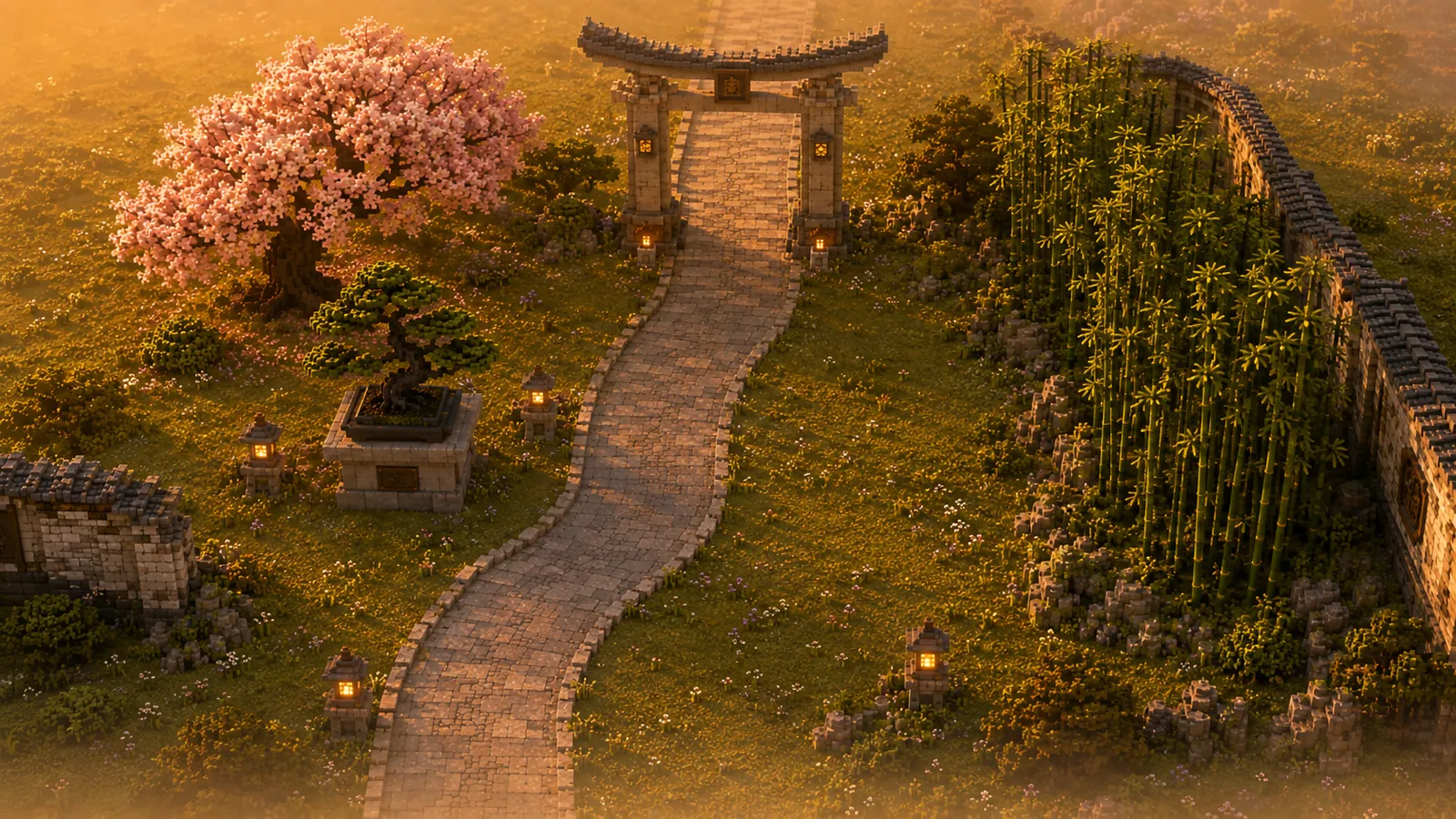 A stone path through a torii gate, a cherry tree and a bonsai on its plinth beside it, lanterns lit.