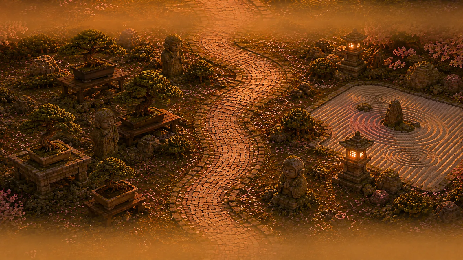 A court of bonsai trees, where the path turns.