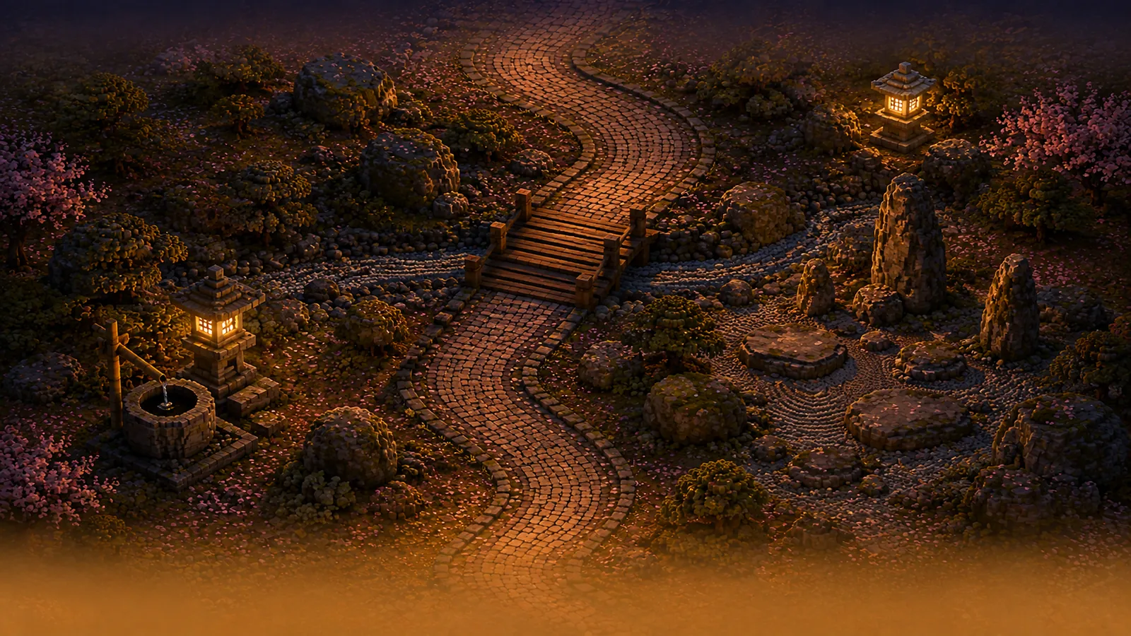 The path through a raked stone garden.