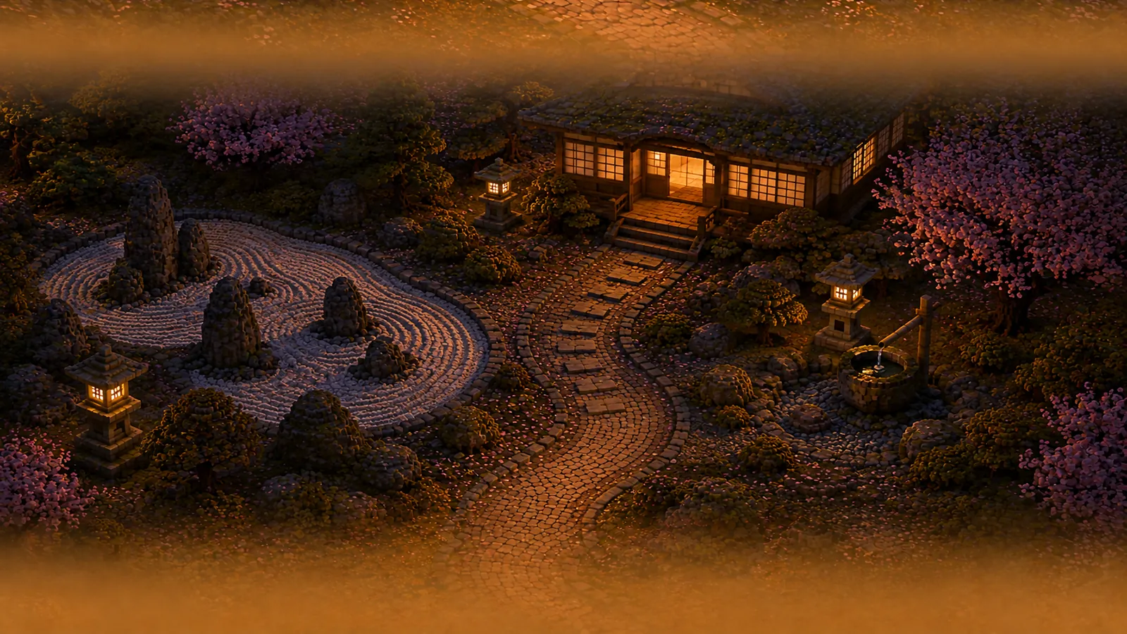 The path ending at a teahouse, its lanterns lit.